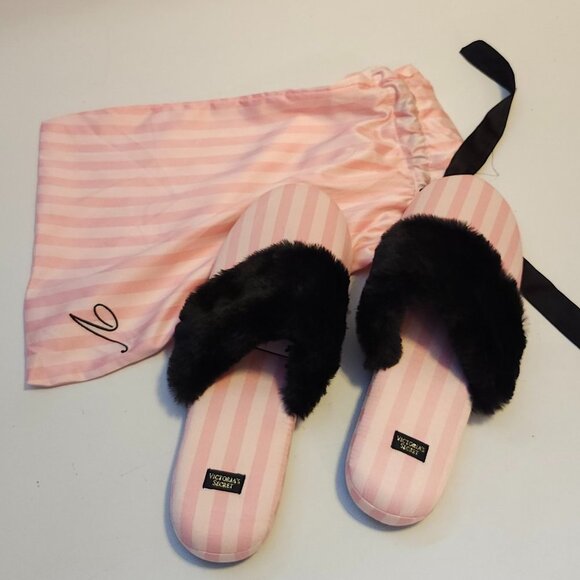 Victoria’s Secret Og Pink Pin Striped Women’s Slippers In Size Large w/Bag NEW - Picture 1 of 10